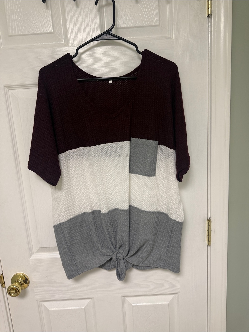 Amazon Colorblock Tie-Front Waffle Knit Top in Burgundy, White & Gray